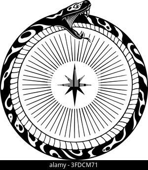 Vector line art illustration of a circular ouroboros serpent biting its tail with a sunburst star emblem in mystical occult style. Stock Vector