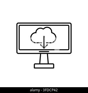 Minimalist Line Art Desktop Computer Icon with Cloud Storage and Download Arrow for Cloud Computing and System Backup Stock Vector