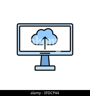 Minimalist Line Art Desktop Computer Icon Displaying Cloud Storage Symbol with Blue Color Accent for Network Backup Stock Vector