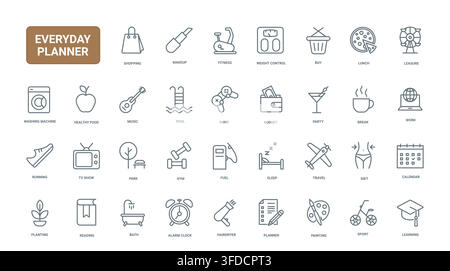 Everyday planner symbols showing daily routines, wellness, shopping, work, leisure, travel and personal organization for lifestyle scheduling black line icons set vector illustration Stock Vector