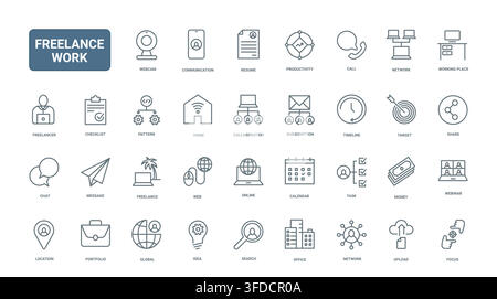 Freelance work symbols for remote communication, productivity, portfolio management and online collaboration across digital career and home office workflows black line icons set vector illustration Stock Vector