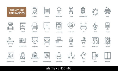 Household furniture and domestic appliances for interior living spaces, featuring seating, lighting, kitchen, bedroom and office essentials black line icons set vector illustration Stock Vector
