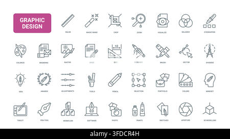 Graphic design tools and creative workflow symbols for branding, drawing, editing, color selection, layout planning and visual production red black line icons set vector illustration Stock Vector