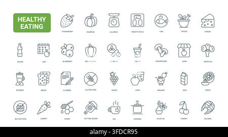 Healthy eating and balanced nutrition symbols featuring fresh produce, diet planning, cooking ingredients and wellness food choices for daily life black line icons set vector illustration Stock Vector