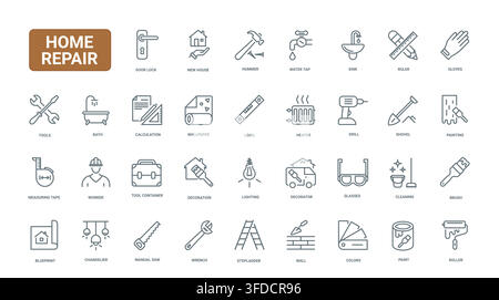 Home repair and renovation symbols covering tools, plumbing, painting, measuring, cleaning and household maintenance for construction service visuals black line icons set vector illustration Stock Vector