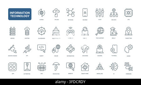 Information technology symbols covering networking, security, cloud systems, software, hardware and digital services for web and data workflows black line icons set vector illustration Stock Vector