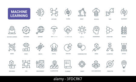 Machine learning and artificial intelligence symbols for automation, data analysis, neural systems, robotics and predictive digital workflows black line icons set vector illustration Stock Vector