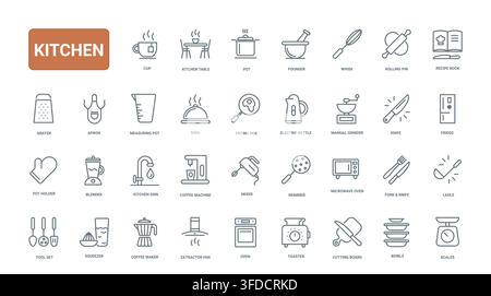 Kitchen utensils and appliances for cooking, baking, serving and food preparation, covering everyday tools, cookware and household equipment black line icons set vector illustration Stock Vector