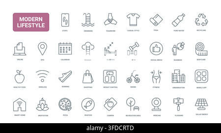 Lifestyle and wellness symbols covering fitness, food, shopping, travel, home technology and sustainable daily habits for personal routines black line icons set vector illustration Stock Vector