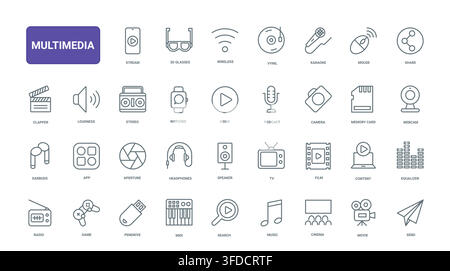 Multimedia entertainment symbols covering audio, video, streaming, recording and digital communication tools for media apps, devices and content platforms black line icons set vector illustration Stock Vector