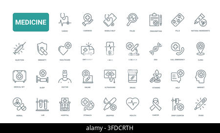 Healthcare and medicine symbols covering diagnosis, treatment, emergency support, pharmacy, hospital care and wellness services for clinical communication black line icons set vector illustration Stock Vector