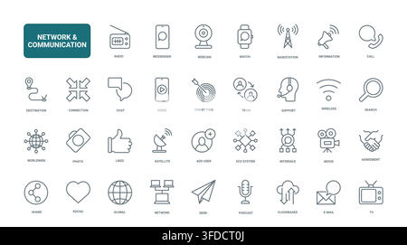 Network communication symbols showing messaging, wireless signals, calling, sharing, media exchange and global digital connectivity tools black line icons set vector illustration Stock Vector