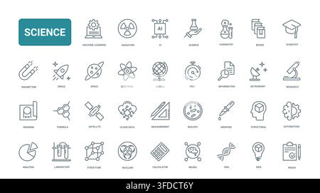 Science and education symbols covering laboratory research, chemistry, biology, astronomy, data, measurement and academic study for learning projects black line icons set vector illustration Stock Vector