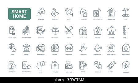 Smart home automation symbols covering security, appliances, energy, climate, access, monitoring and wireless control for connected residential living red black line icons set vector illustration Stock Vector
