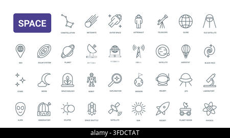 Space exploration and astronomy symbols featuring planets, rockets, astronauts, satellites and research tools for cosmic science themes black line icons set vector illustration Stock Vector