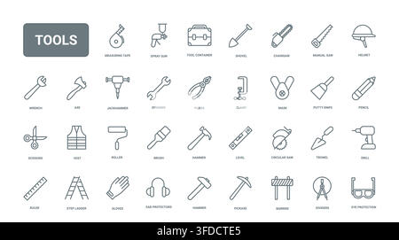 Construction tools and protective equipment symbols for repair, carpentry, measuring, cutting and workshop tasks across building and maintenance projects black line icons set vector illustration Stock Vector