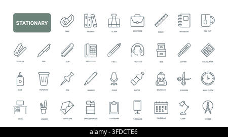 Office stationery and workspace essentials for school, desk organization, writing tools, filing supplies and everyday administrative tasks black line icons set vector illustration Stock Vector