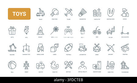 Children toys and play activities symbols featuring games, vehicles, sports gear and playground objects for kid entertainment and learning black line icons set vector illustration Stock Vector