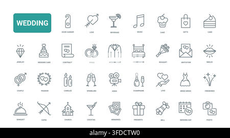 Wedding ceremony and celebration symbols for invitations, romance, bridal events, gifts, rings, cake, music and honeymoon planning black line icons set vector illustration Stock Vector
