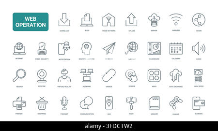 Web operation symbols for network management, cloud transfer, communication, security and digital workflow tools across connected online services black line icons set vector illustration Stock Vector