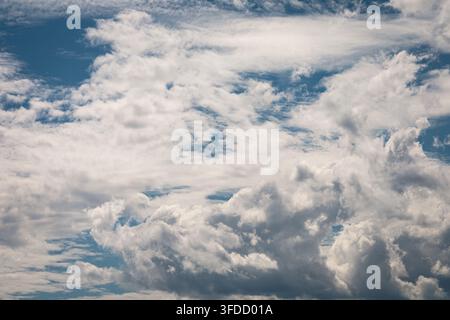 White clouds drift across a clear blue sky. Soft, fluffy clouds float gently overhead. Nature's quiet beauty unfolds above the earth. Perfect for back Stock Photo