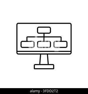 Minimalist Line Art Computer Screen Icon Displaying Organizational Hierarchy Chart for Corporate Structure and Workflow Stock Vector