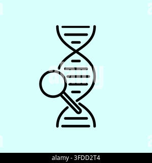 Minimalist Line Art DNA Strand Icon with Magnifying Glass on Light Blue Background for Genetic Testing and Gene Inspection Stock Vector