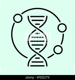 Minimalist Line Art DNA Double Helix Icon inside Particle Orbit Circle on Light Cyan Background for Biotechnology Research Stock Vector