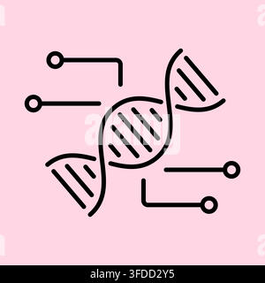 Minimalist Line Art DNA Helix Icon with Tech Circuit Board Connections on Soft Pink Background for Synthetic Biology Stock Vector