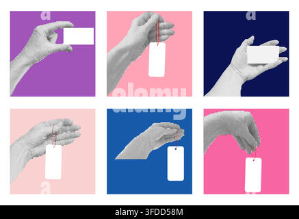 Halftone Hand Gestures with Blank Cards Price Tags Stock Vector
