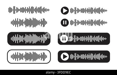 Audio Sound Waveform and Voice Message Player Icons Vector Set Isolated on White Background for Music Apps, Podcasts, and UI Design Stock Vector