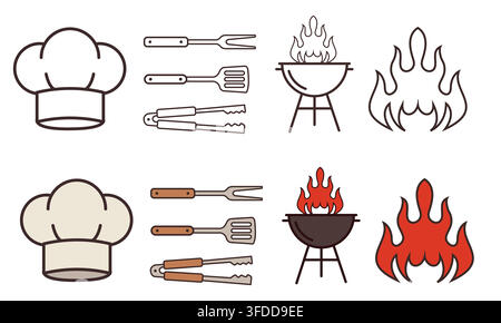 Barbecue and Grill Tool Set Vector Elements Featuring Chef Hat, Utensils, Charcoal Grill, and Fire Flame Icons Stock Vector