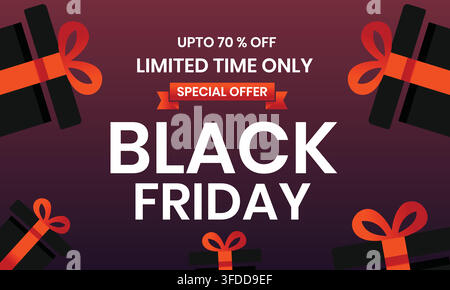 Black Friday Sale Banner Template with Up to 70 Percent Off Discount, Special Offer Ribbon, and Gift Boxes on Dark Background. Stock Vector