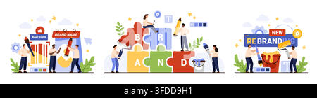 Modern branding set showing barcode label design, brand identity puzzle concept and rebranding update with creative team, marketing elements, and business visuals isolated on white vector illustration Stock Vector