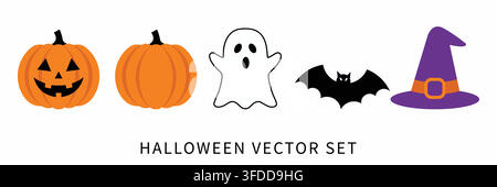Cute Halloween Vector Element Set with Jack-o'-Lantern Pumpkin, Spooky Ghost, Flying Bat, and Witch Hat Stock Vector