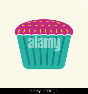 Cute Sweet Cupcake Vector Illustration with Pink Icing and Sprinkles in Teal Paper Liner for Bakery and Birthday Party Design Stock Vector