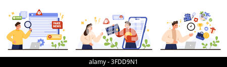 Collection of online risk scenes showing fake news, phishing messages, and social media addiction with warning icons, smartphone, laptop, and alerts isolated on white background vector illustration Stock Vector