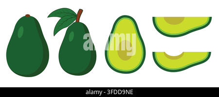 Fresh Green Whole, Half, and Sliced Avocado Vector Set Isolated on White Background for Healthy Food and Recipe Design Stock Vector