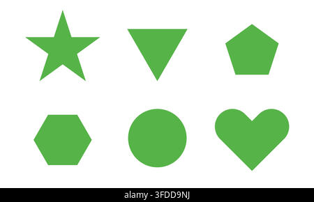 Green Basic Geometric Shapes Vector Set Including Star, Triangle, Pentagon, Hexagon, Circle, and Heart Icons Stock Vector