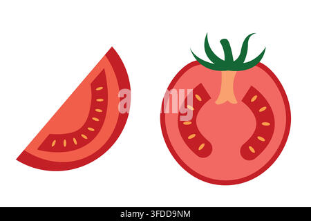 Fresh Cut Red Tomato Slice and Half Cross Section with Stem and Seeds Vector Illustration Isolated on White Background Stock Vector
