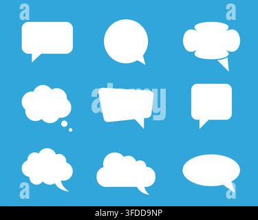 Collection of White Speech Bubble and Thought Cloud Shapes Isolated on a Blue Background for Dialogue and Communication Vector Design Stock Vector
