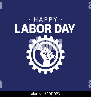 Happy Labor Day Vector Design Featuring Raised Fist Holding Wrench inside Gear Icon on Blue Background. Stock Vector