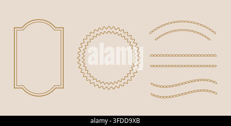 Vintage Gold Frame Vector Set with Decorative Line Borders, Elegant Badge Labels, Scalloped Banners, and Circular Crest Shapes for Luxury Branding Stock Vector
