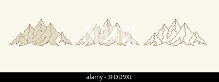 Vintage Hand Drawn Mountain Range Vector Illustration Set with Engraving Hatching Style Details for Outdoor Adventure and Nature Design Logos Stock Vector