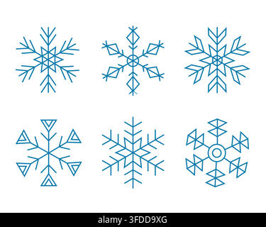 Set of Six Blue Geometric Snowflakes Vector Icons for Winter and Christmas Designs Stock Vector