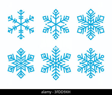 Set of Six Blue Geometric Snowflakes Vector Icons for Winter and Christmas Designs Stock Vector