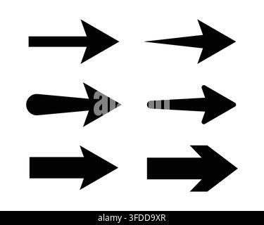 Set of Black Arrow Icons Pointing Right with Various Pointer Shapes for Navigation, Web Design, and Interface Vector Elements Stock Vector