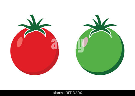 Whole Ripe Red Tomato and Unripe Green Tomato with Stems Flat Vector Illustration Isolated on White Background Stock Vector