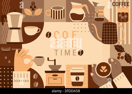 Coffee time geometric banner. Hands with hot drink, coffee beans, croissant and coffee to go. Template of latte, americano and ice coffee, other coffeetools. Design for web,web,print, poster. Vector Stock Vector
