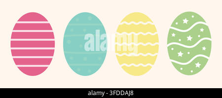 Colorful Easter Eggs Vector Set with Stripes, Polka Dots, Waves, and Star Patterns Stock Vector